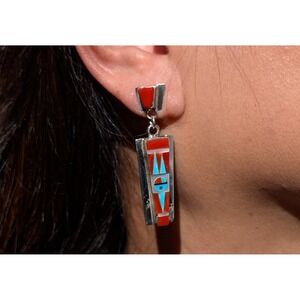 Zuni Sunface Inlay Earrings Silver Turquoise Dangle Signed Native Jewelry ***